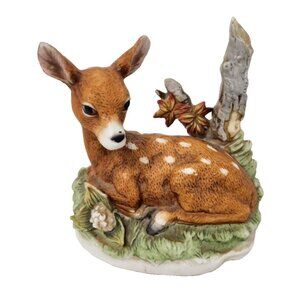 Vintage Homco Ceramic Deer Doe Fawn Figurine Laying In Grass With Flowers